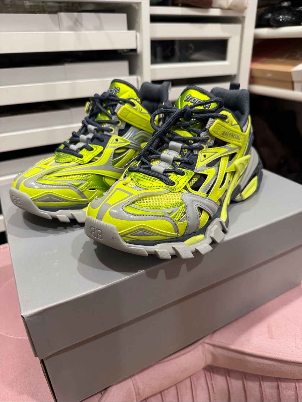 Balenciaga Track 2 Open Tricolor Unisex Neon Yellow and Gray Track Sneakers NEW